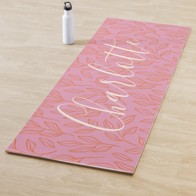 Boho Botanical Leaf Pattern in Pink Personalized   Yoga Mat (In Situ)