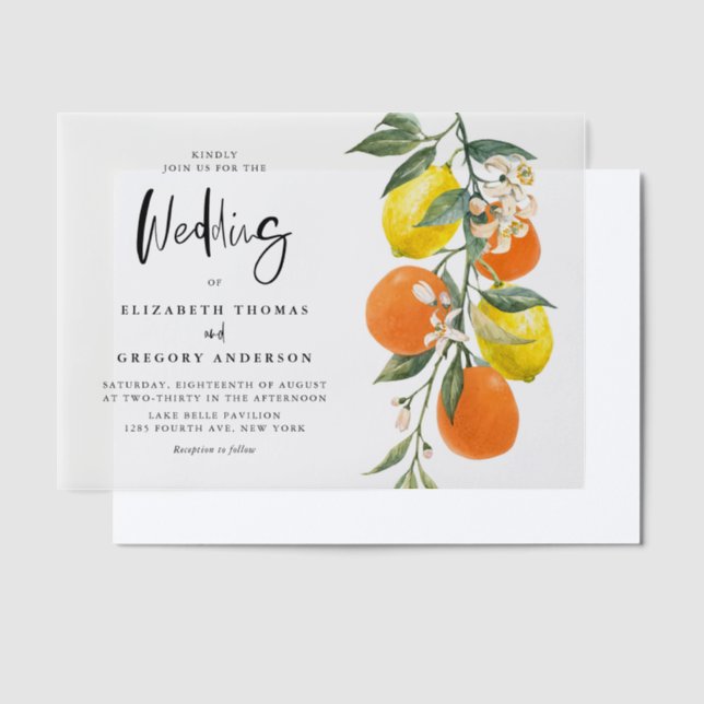 Boho Botanical Lemons and Oranges Garland Wedding Vellum Invitations (Offset)