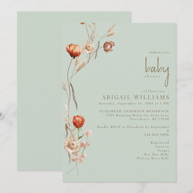 Boho Botanical Light Sage Baby Shower  Invitation (Front/Back)