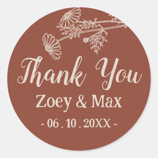 Boho Botanical Minimalist Terracotta Orange  Classic Round Sticker (Front)