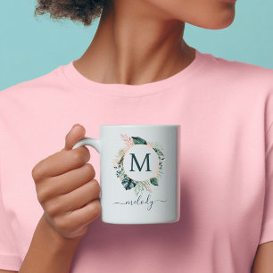 Boho Botanical Monogram - Green - White Coffee Mug