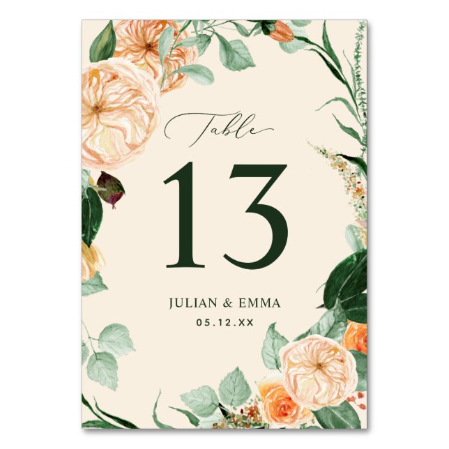 Boho Botanical Pastel Peach Greenery Floral Custom Table Number (Front)