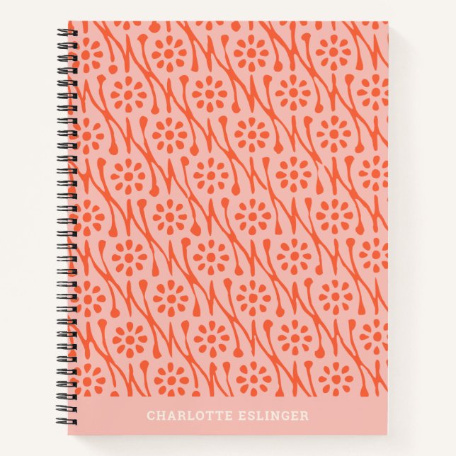 Boho Botanical Pattern Blush Coral Personalized Notebook (Front)