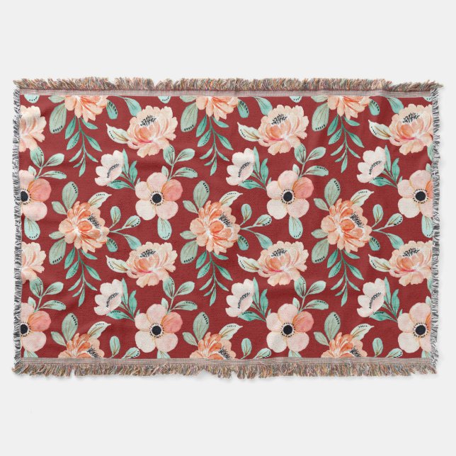 Boho botanical pattern Trendy colourful burgundy Throw Blanket (Front)