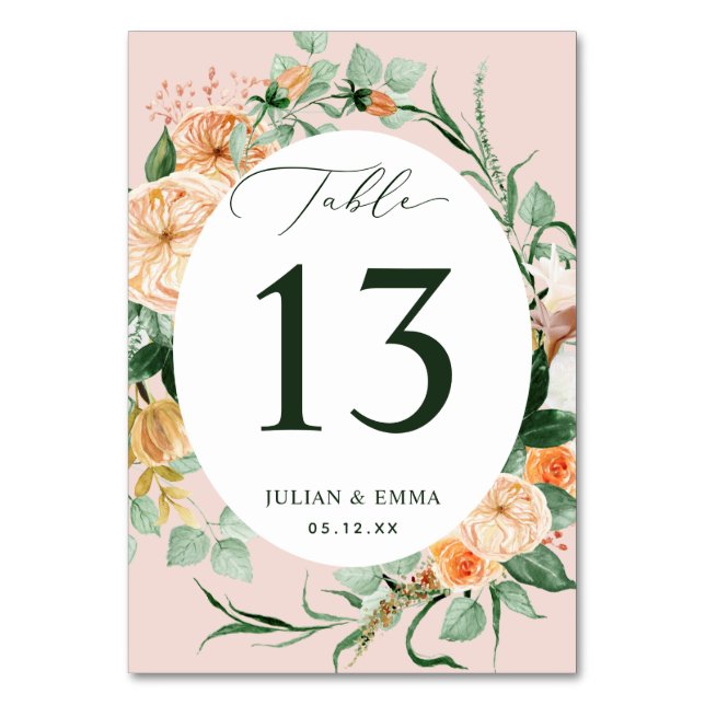 Boho Botanical Pink Greenery Floral Personalized Table Number (Front)
