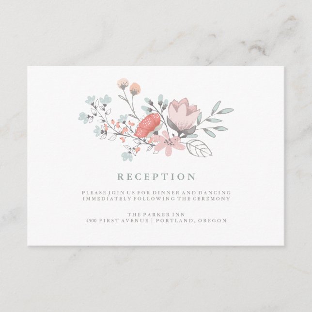 Boho Botanical Rustic Reception in Coral and Grey Enclosure Card (Front)