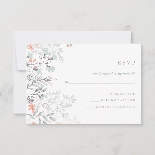 Boho Botanical Rustic Wedding Coral and Grey RSVP Card (Front)