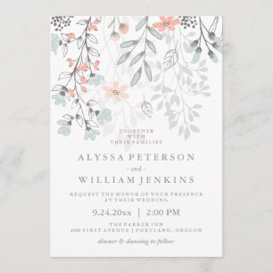 Boho Botanical Rustic Wedding in Coral and Grey Invitation