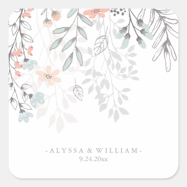 Boho Botanical Rustic Wedding in Coral and Grey Square Sticker (Front)