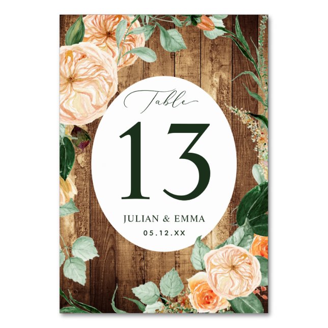 Boho Botanical Rustic Woodgrain Greenery Custom Table Number (Front)