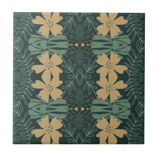 Boho Botanical Sage Green Yellow Pattern Tile (Front)