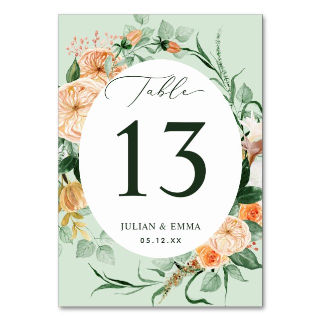 Boho Botanical Sage Greenery Floral Personalized Table Number (Front)