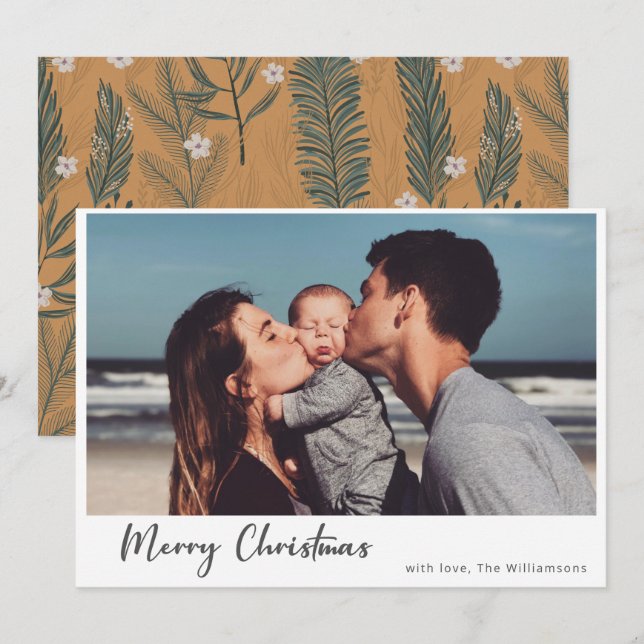 Boho Botanical Simple Script Merry Christmas Photo Holiday Card (Front/Back)