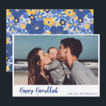 Boho Botanical Simple Script Photo Happy Hanukkah Holiday Card<br><div class="desc">Simple Boho Modern Script Happy Hanukkah Photo Holiday Card with Botanical Back in Blue and Yellow</div>