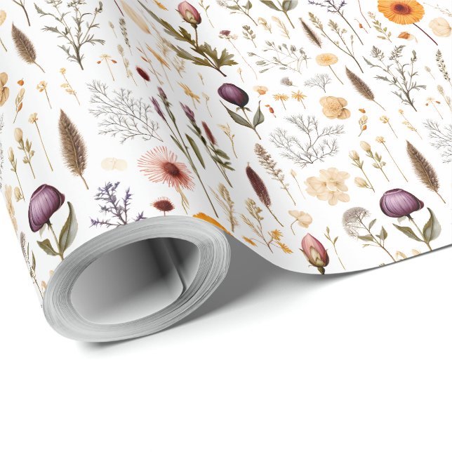 Boho Botanical Vintage Pressed Flowers Pattern Wrapping Paper (Roll Corner)