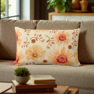 Boho Botanical Watercolor Cream Orange Floral  Lumbar Pillow
