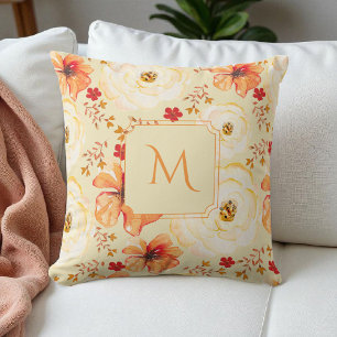 Boho Botanical Watercolor Cream Orange Floral  Throw Pillow