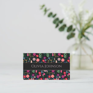 Boho Botanical Watercolor Flowers Black Business Card