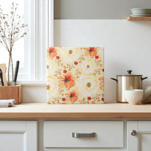 Boho Botanical Watercolor Orange Cream Floral  Tile