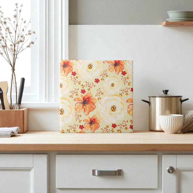 Boho Botanical Watercolor Orange Cream Floral  Tile (Creator Uploaded)
