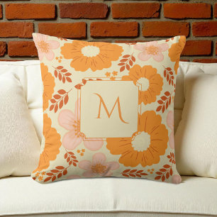 Boho Botanical Watercolor Orange Yellow Floral Throw Pillow