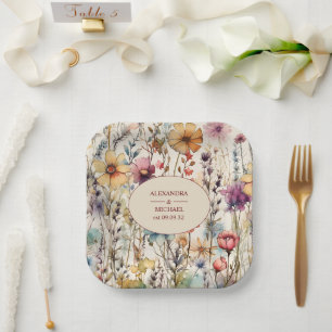 Boho Botanical Watercolor Wildflowers Wedding Paper Plate