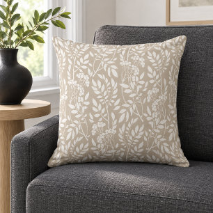 Boho Botanical White Foliage Beige Throw Pillow