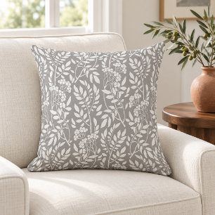 Boho Botanical White Foliage Grey Throw Pillow