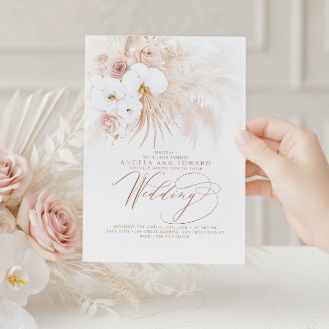 Boho Botanical White Orchids Pampas Grass Wedding Invitation (White Orchids and Pampas Grass Boho Wedding Invitations)