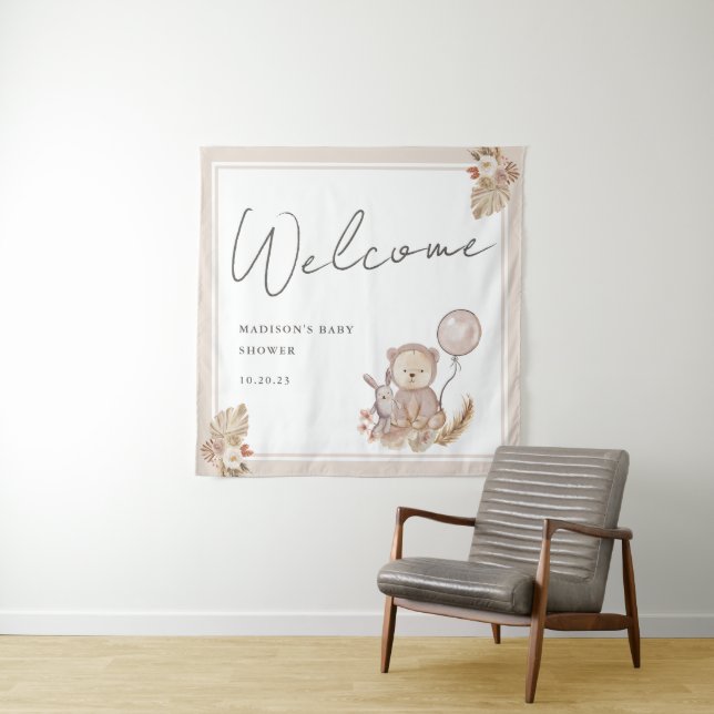 Boho Botanical with Sweet Bear Baby Shower Welcome Tapestry (In Situ)