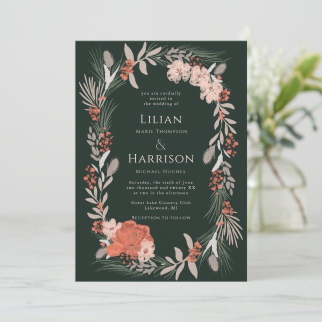 Boho botanical wreath Sage and Wedding Invitation (Standing Front)