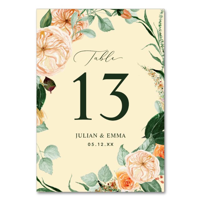 Boho Botanical Yellow Greenery Floral Custom Table Number (Front)