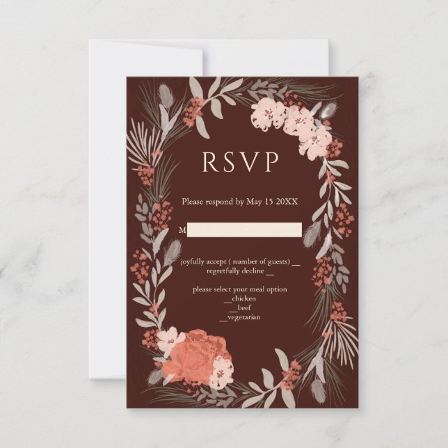 Boho botanicals Brown and Cream Wedding RSVP Card (Front)