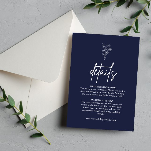 Boho Botanicals Navy Blue Wedding Details Enclosure Card (Boho navy blue details enclosure card shares key info with timeless elegance in your wedding suite)