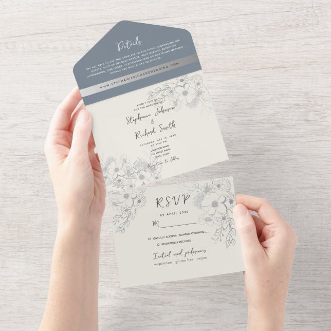 Boho Botanique Dusty Blue All-in-One Invitation (Déchirure)