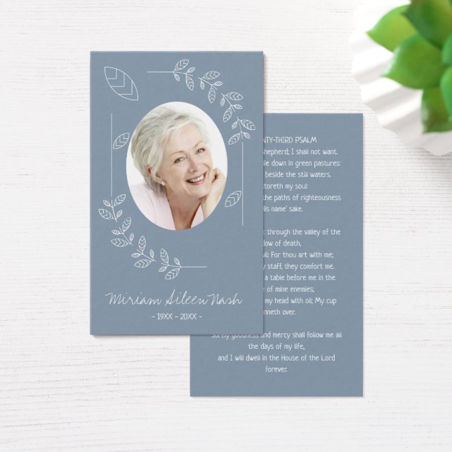 Boho Botanique Dusty Blue Photo Funeral Card (Bureau)