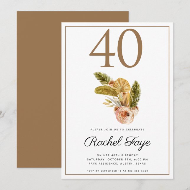Boho Bouquet 40e anniversaire de fête Invitation (Devant / Derrière)