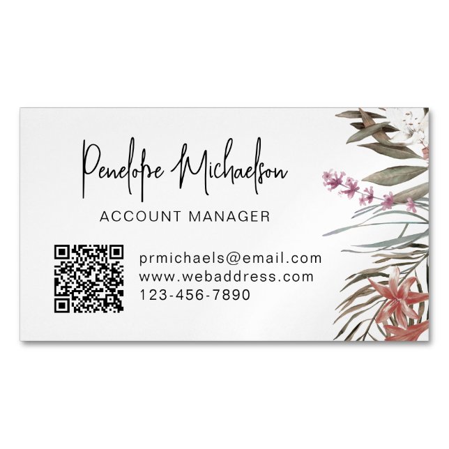 Boho Bouquet with Modern Lettering and QR Code Magnetic Business Card (Front)