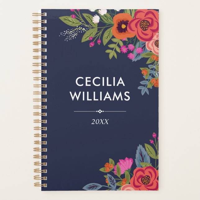 Boho Bouquets - Navy Blue & Coral - Name Planner (Front)