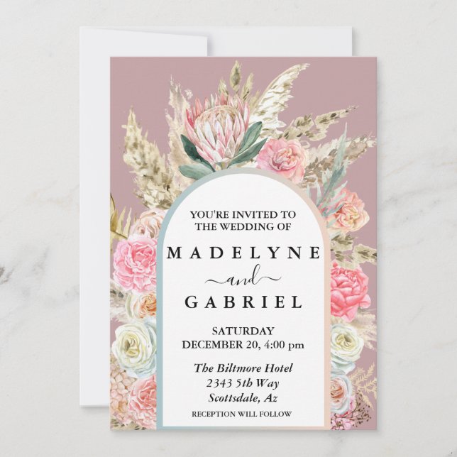  Boho Bouquets Pampas Grass Arch  Frame  Invitation (Front)