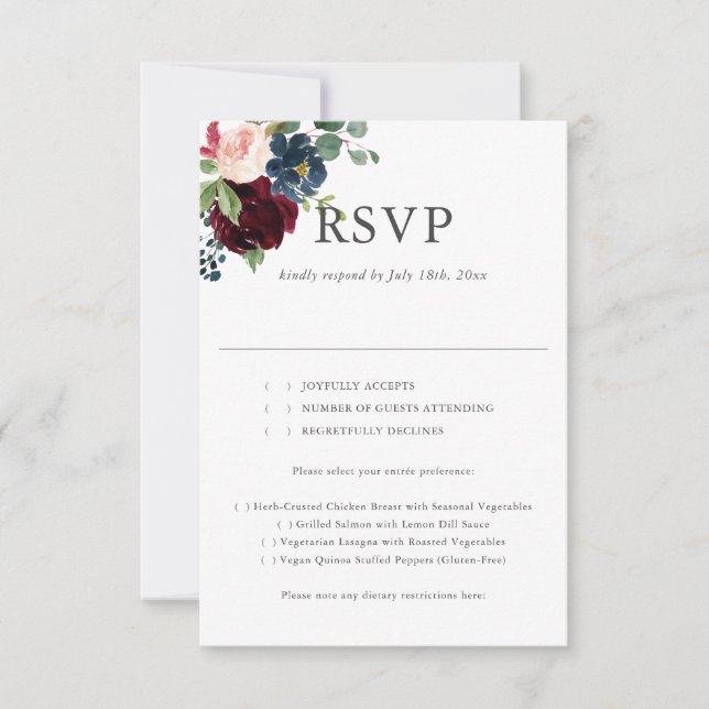 Boho Bourgogne Fleurs bleues Mariage RSVP (Devant)