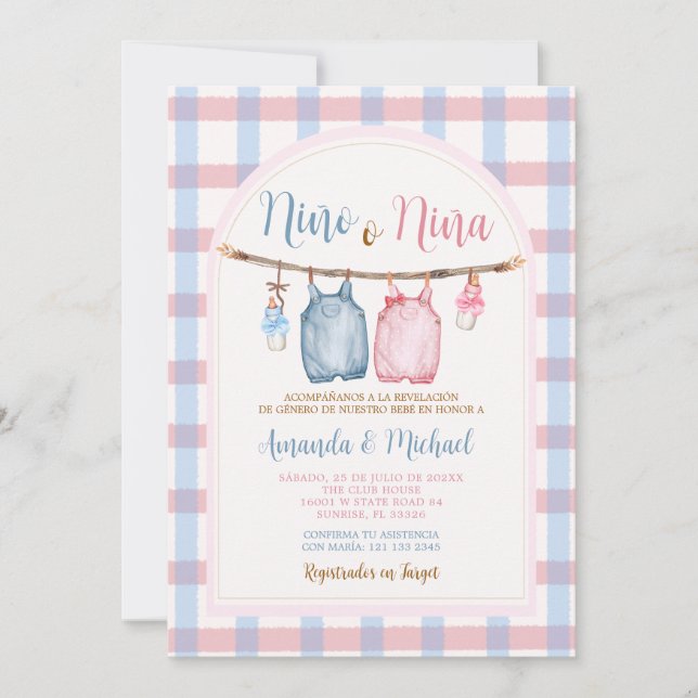 Boho Bow Pumpkin Spanish Gender Reveal Gingham Invitation (Front)