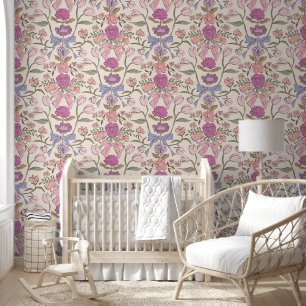 Boho Bows and Blossoms Pink Girl's Room Wallpaper