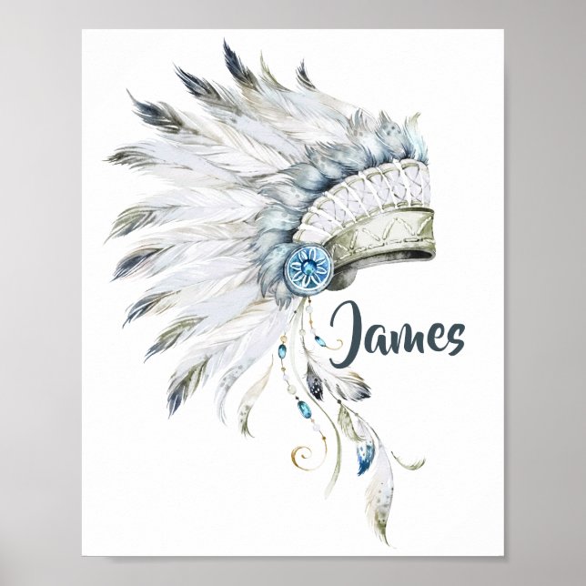 Boho Boy Feather Headdress Nursery Art Poster (Front)