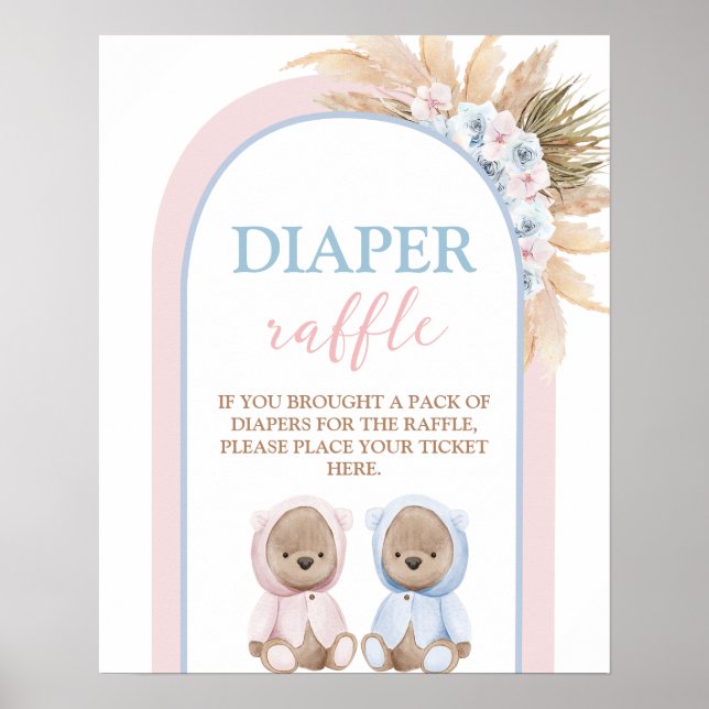 Boho Boy Girl Twins Bear Diaper Raffle sign (Front)