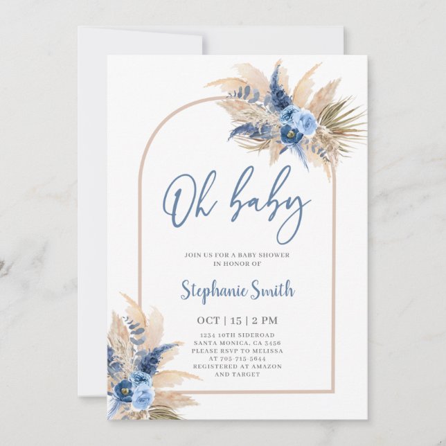 Boho Boy Pampas Baby shower en herbe Invitation (Devant)