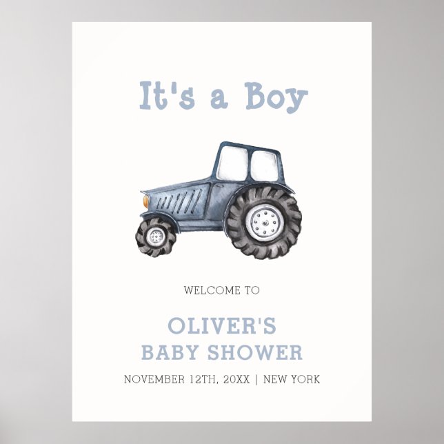 Boho Boy Watercolor Tractor Baby Shower Welcome Poster (Front)