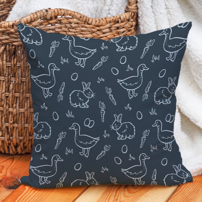 Boho Boys Easter Cute Bunny Rabbit Goose Dark Blue Throw Pillow (Creator Uploaded)