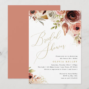 Boho Bridal Shower, Earthy Floral Gold Script Invitation