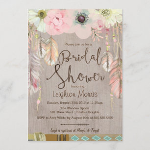 Boho Bridal Shower Invite, Tribal Feather Rustic Invitation